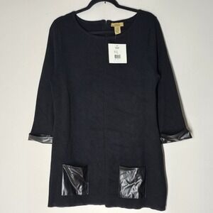 Valerie Stevens Women's L Black Tunic Top Faux Leather Trim Pockets NWT